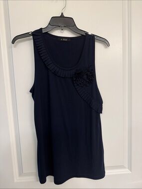 U-Knit Navy Sleeveless Tank with Pleated Trim and Floral Applique